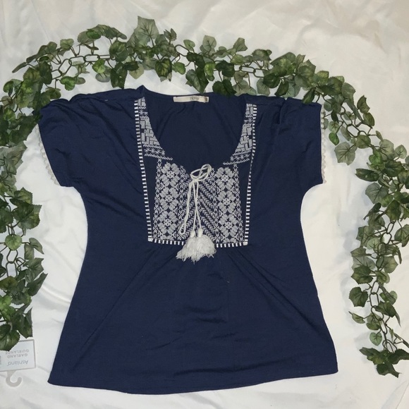 Blue Short Sleeve Top with Lace Accents - Picture 4 of 4